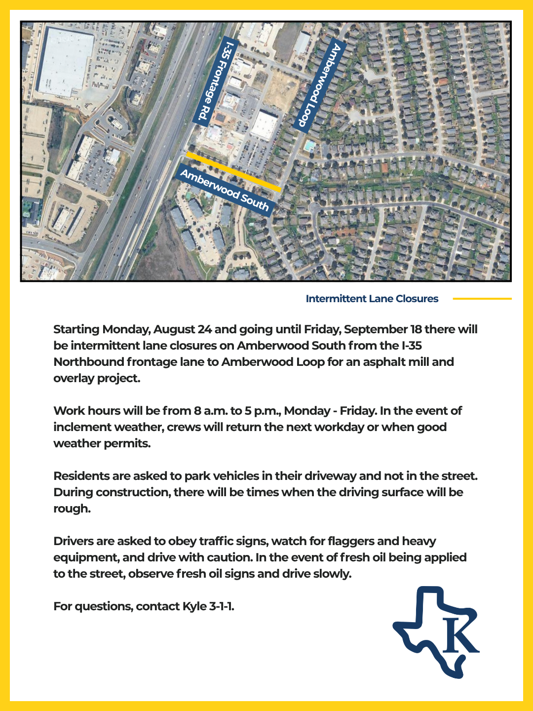 Map showing intermittent lane closures on Amberwood South in East Kyle, TX from August 24 to September 18.