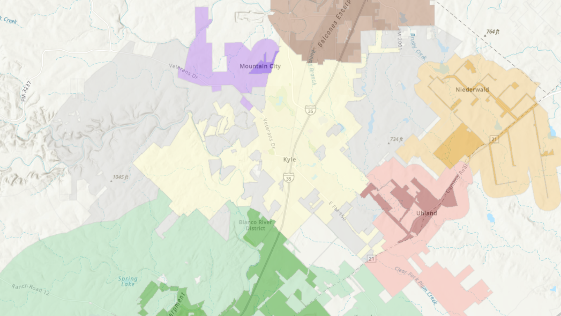 a screenshot of a map showing various city limits in different colors.