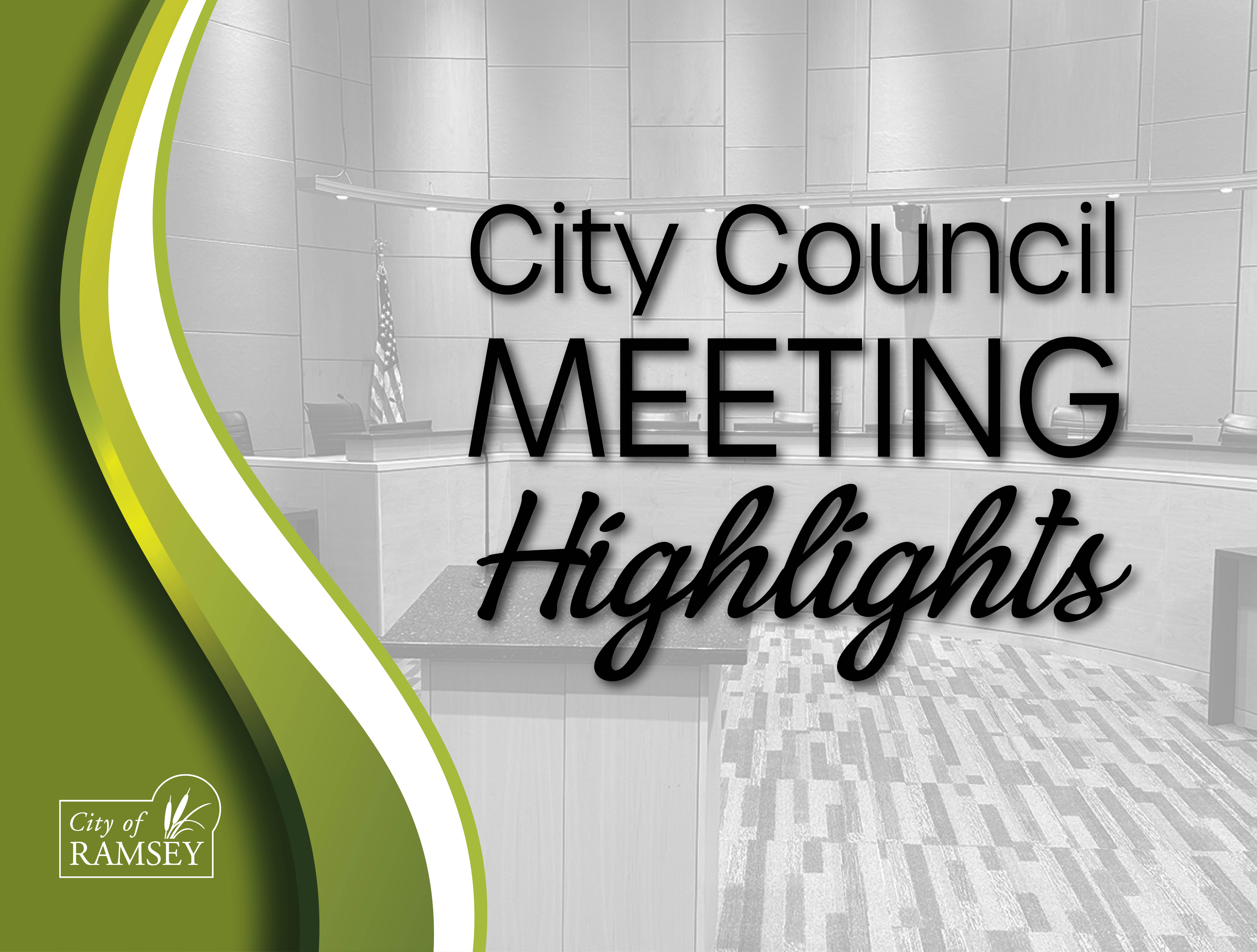 Swoosh on left with City of Ramsey logo, background council chambers, Words City Council Highlights