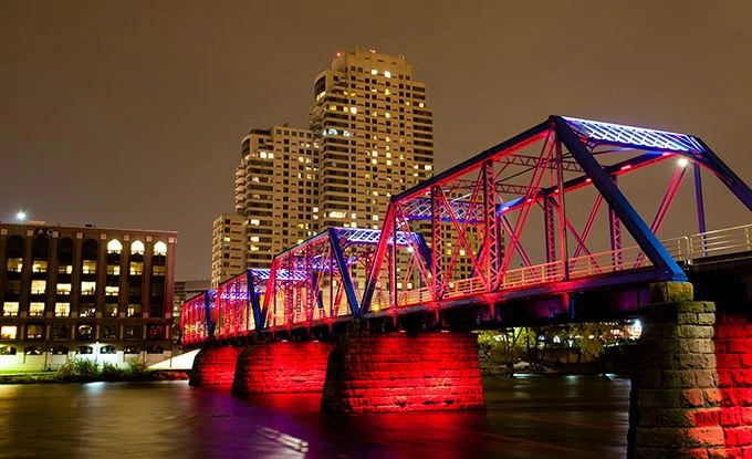blue bridge lit up