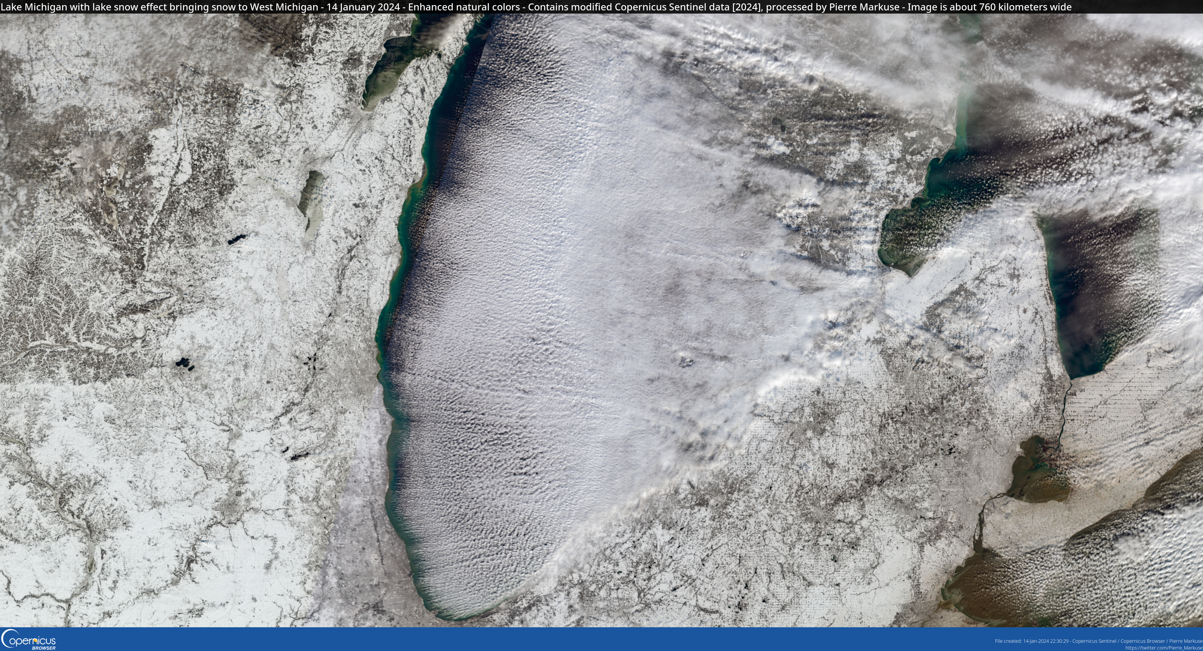 A satellite photo of Michigan's lower peninsula in the winter. "Lake effect" snow rising from Lake Michigan (center) and blowing across West Michigan. Photo credit: Copernicus Browser, Pierre Markuse (2024)