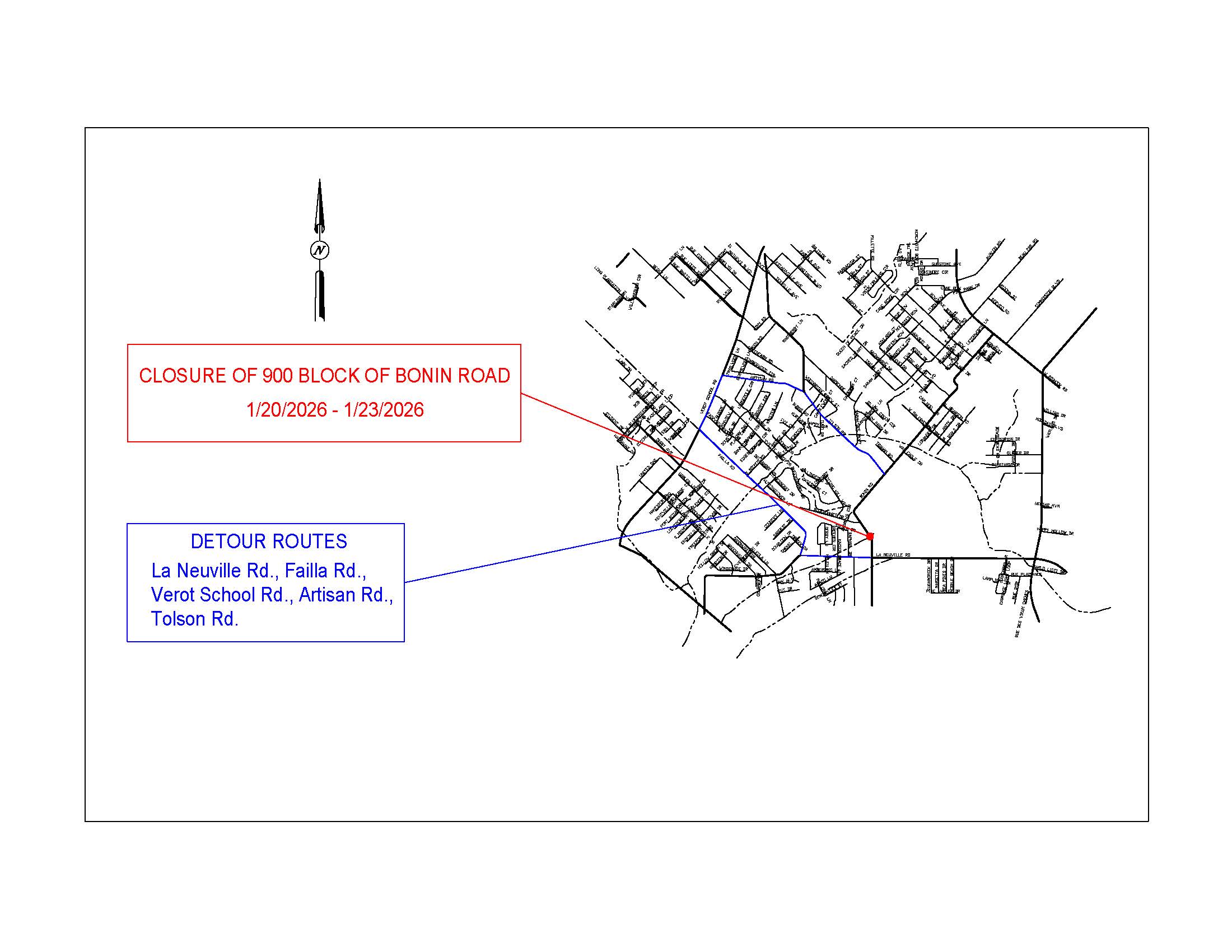 900 Block of Bonin Road Closure Map