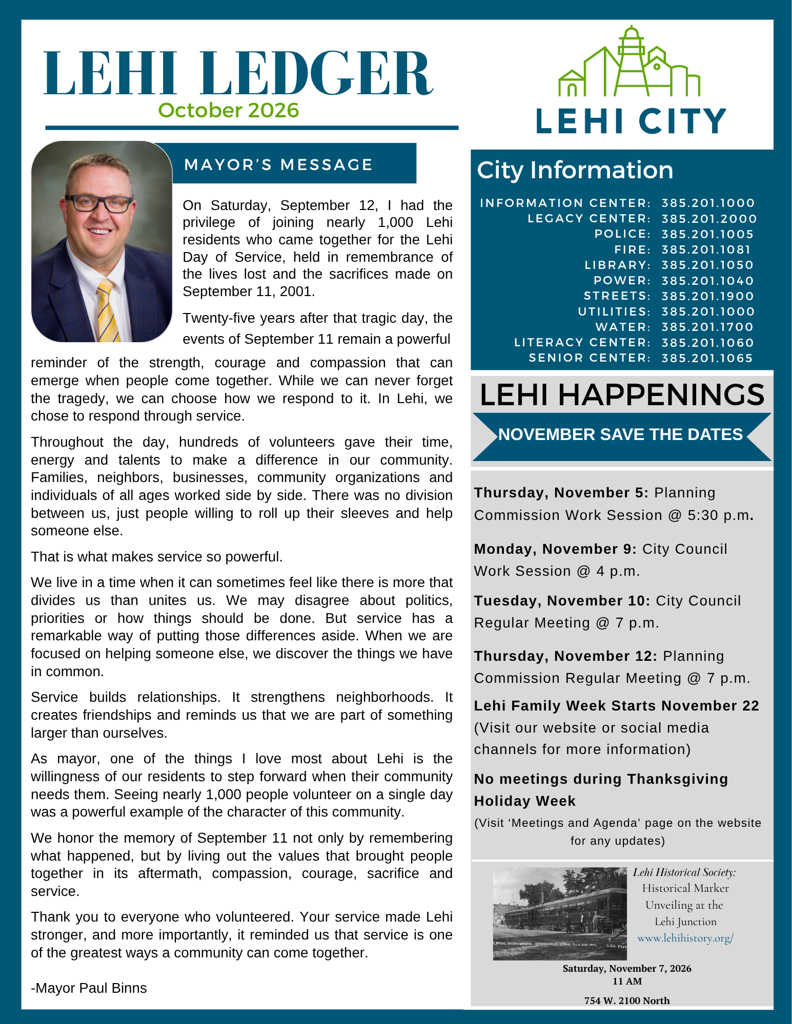 October 2026 Lehi Newsletter front page graphic
