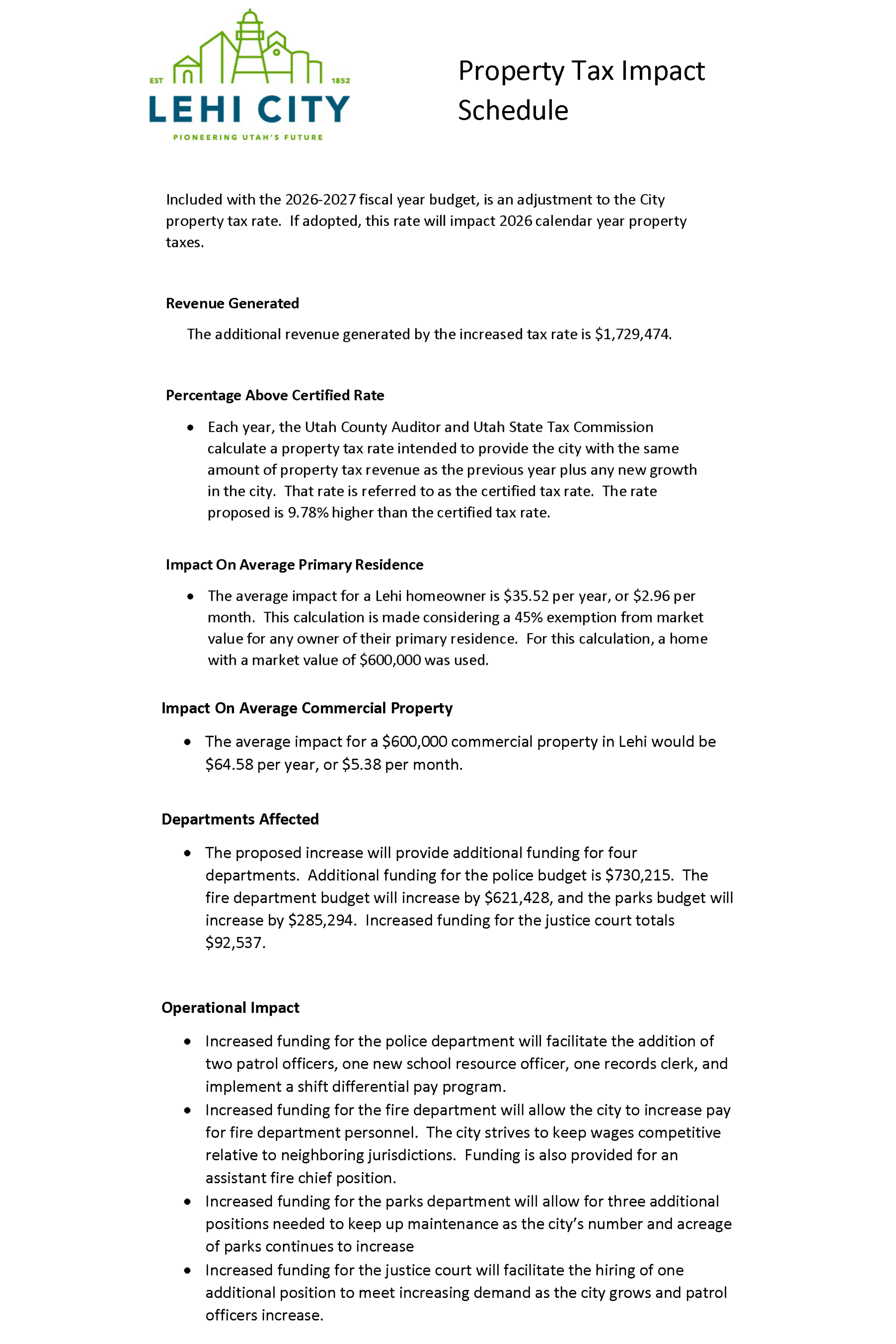 Public Notice: Proposed Property Tax Impact Schedule May 5, 2026