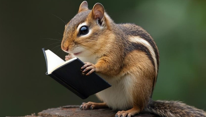AI rendering of a chipmunk reading a book