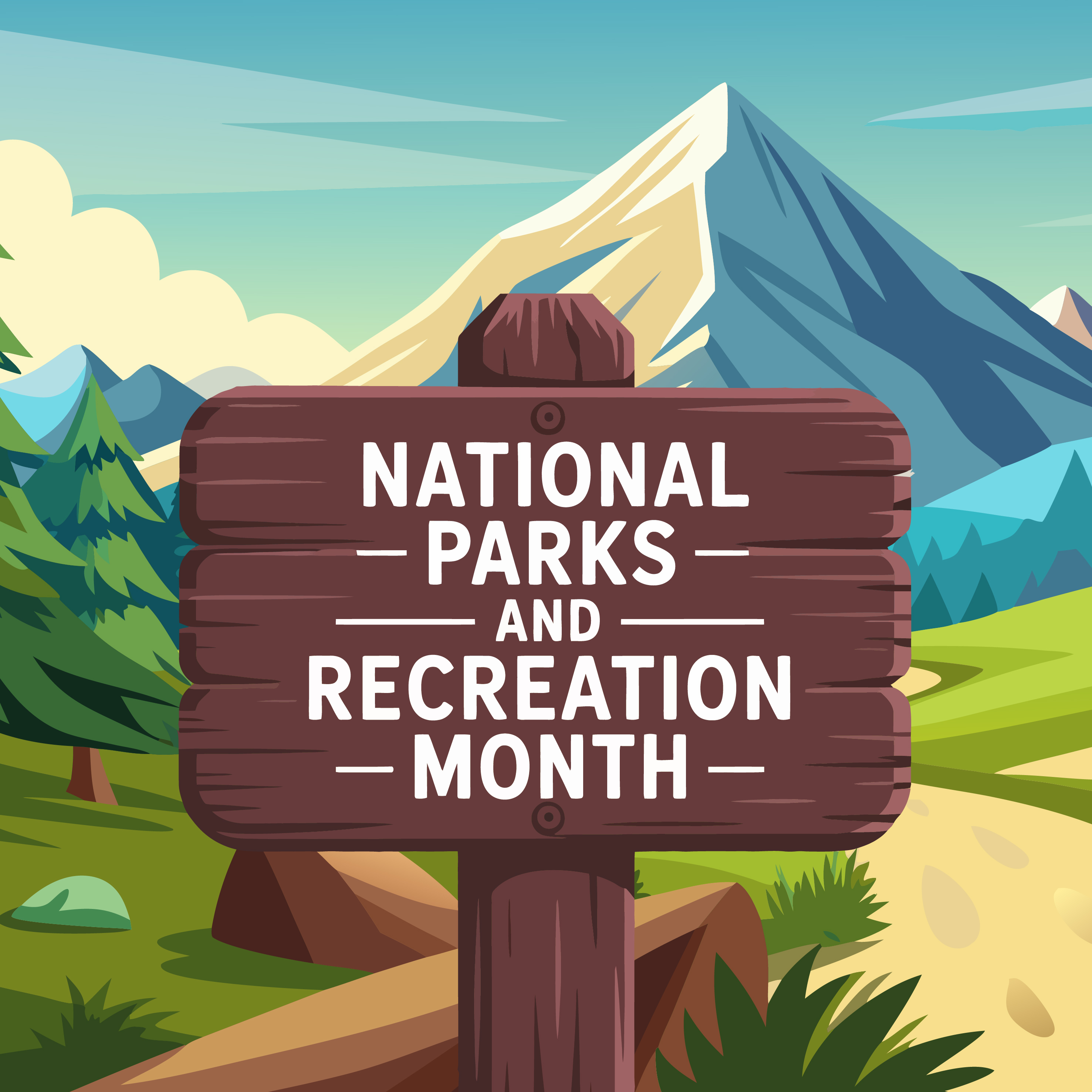 A wooden sign with the words "National Parks and Recreation Month"