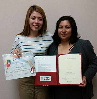 Alejandra Franco and her mother holding a Head Start certificate and her USC acceptance letter