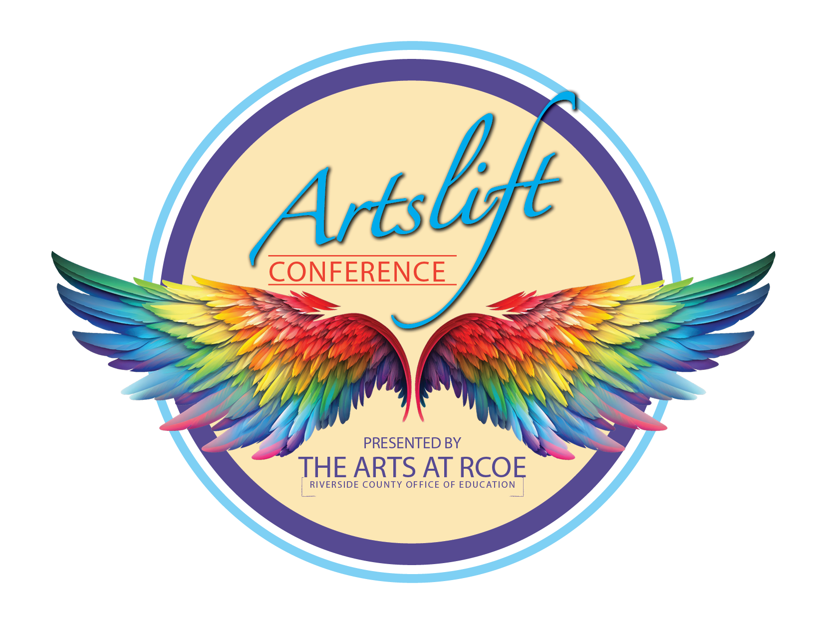 A colorful logo for the "Artslift Conference," featuring large rainbow wings centered within a purple-and-blue ringed yellow circle. Text beneath the wings reads, "PRESENTED BY THE ARTS AT RCOE RIVERSIDE COUNTY OFFICE OF EDUCATION."