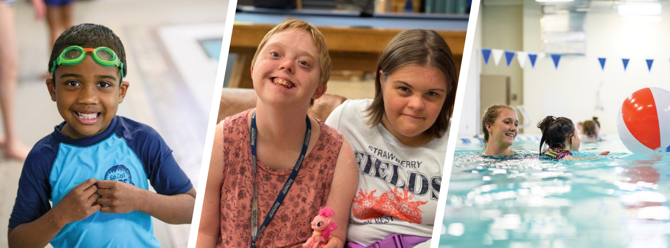 A collage shows a smiling child wearing swim goggles, two young adults sitting together and a participant in an adaptive swim lesson.