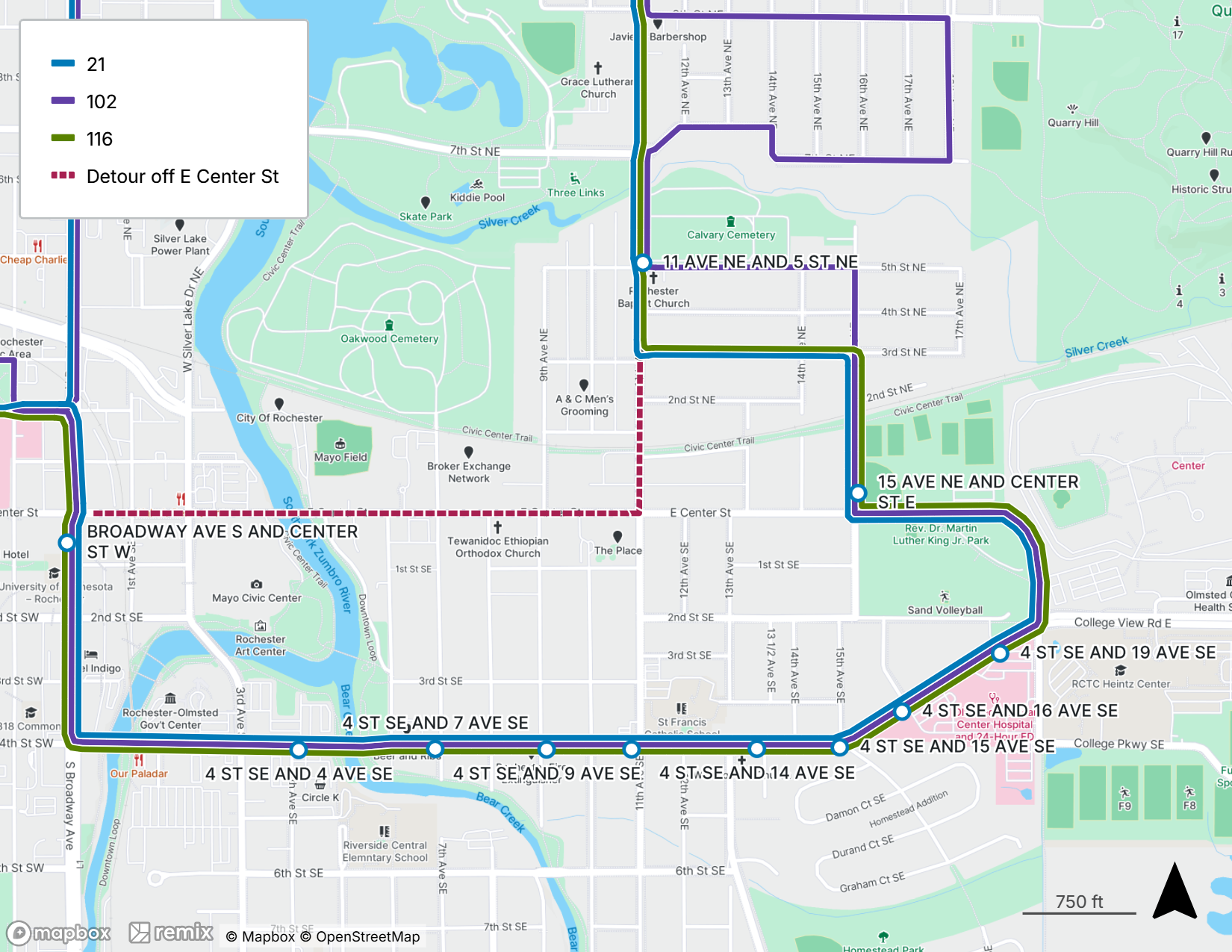 Map showing the detour for Routes 21, 102, and 116 during the closure of East Center Street. The normal route along East Center Street between Broadway Avenue South and 11th Avenue NE which is closed (shown with a dashed red line). Buses are detoured via Broadway Avenue South, 4th Street SE, 15th Avenue SE, 3rd Street NE, and 11th Avenue NE before returning to their regular route.