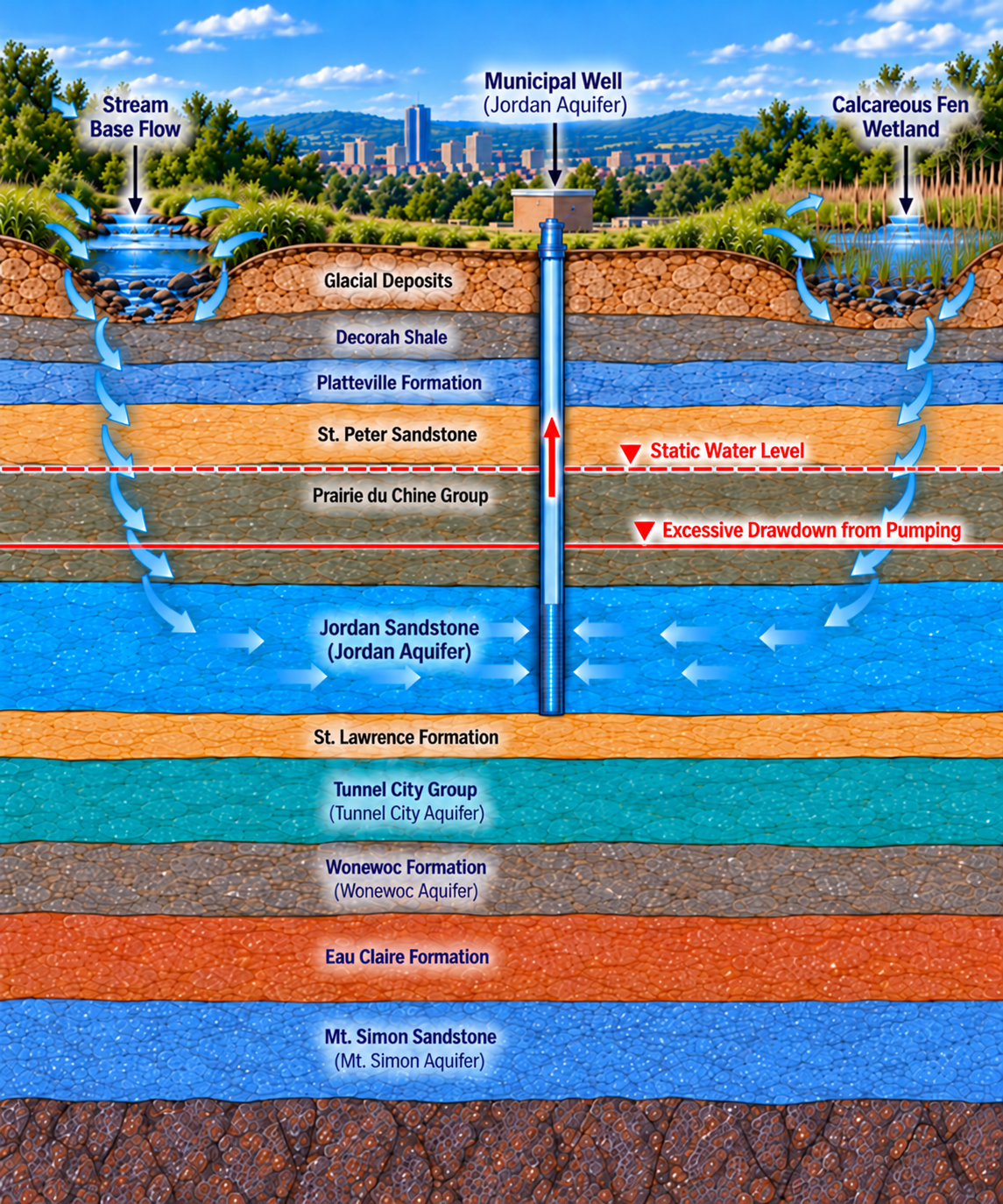 Cross-section diagram of Rochester’s groundwater system showing underground geological layers, the Jordan Aquifer, a municipal well and groundwater flow between aquifers, streams and wetlands. Red lines illustrate static water levels and excessive drawdown caused by pumping.