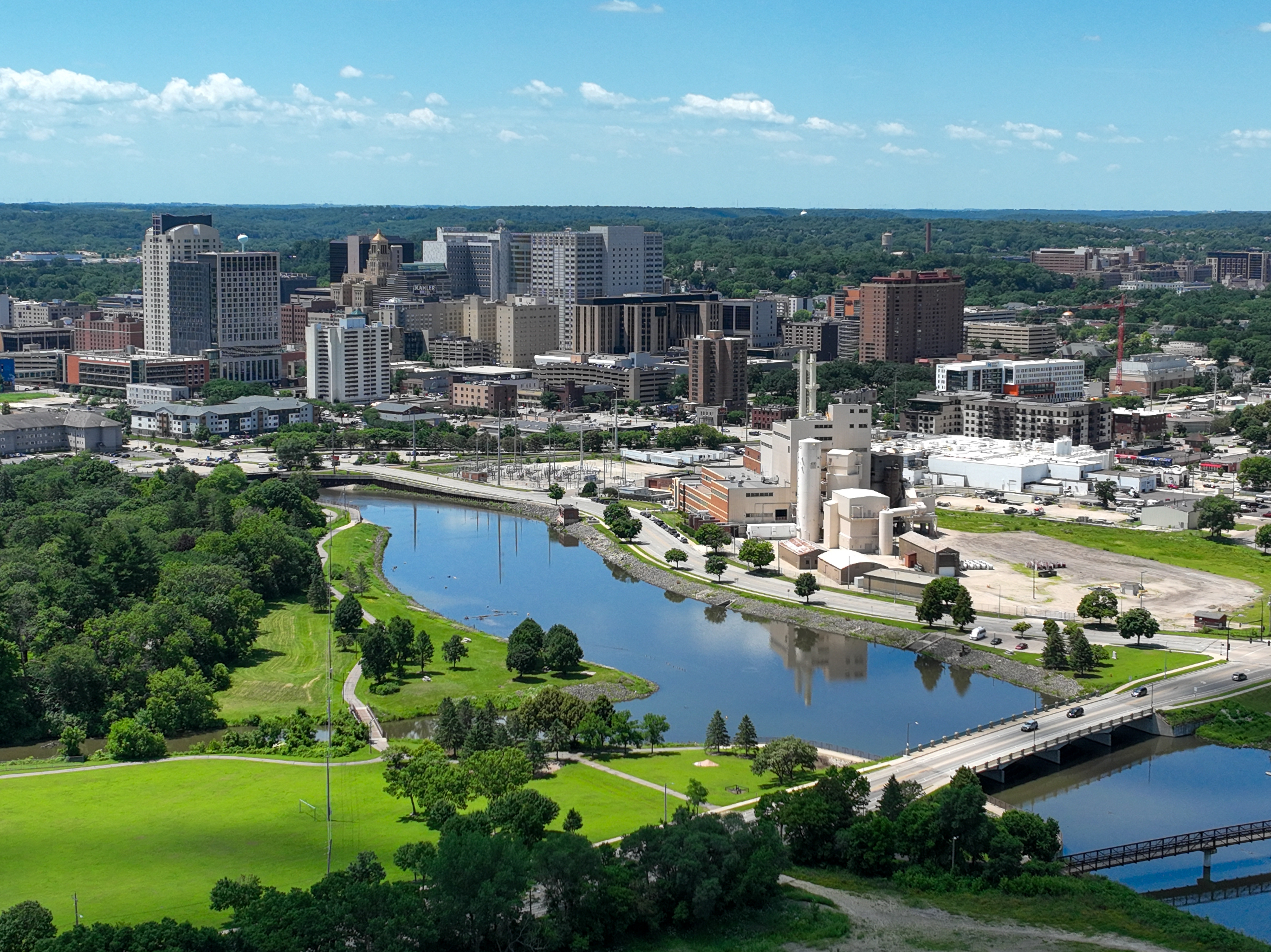 Overhead view of the City of Rochester's downtown area.