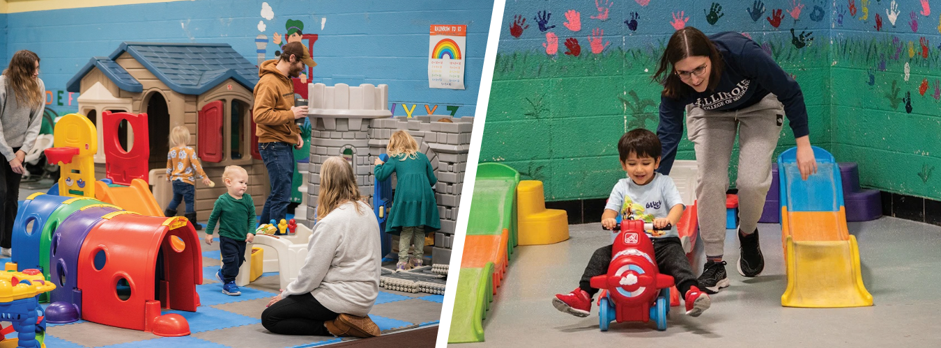 Children and adults play together in an indoor play space with colorful play structures and riding toys.