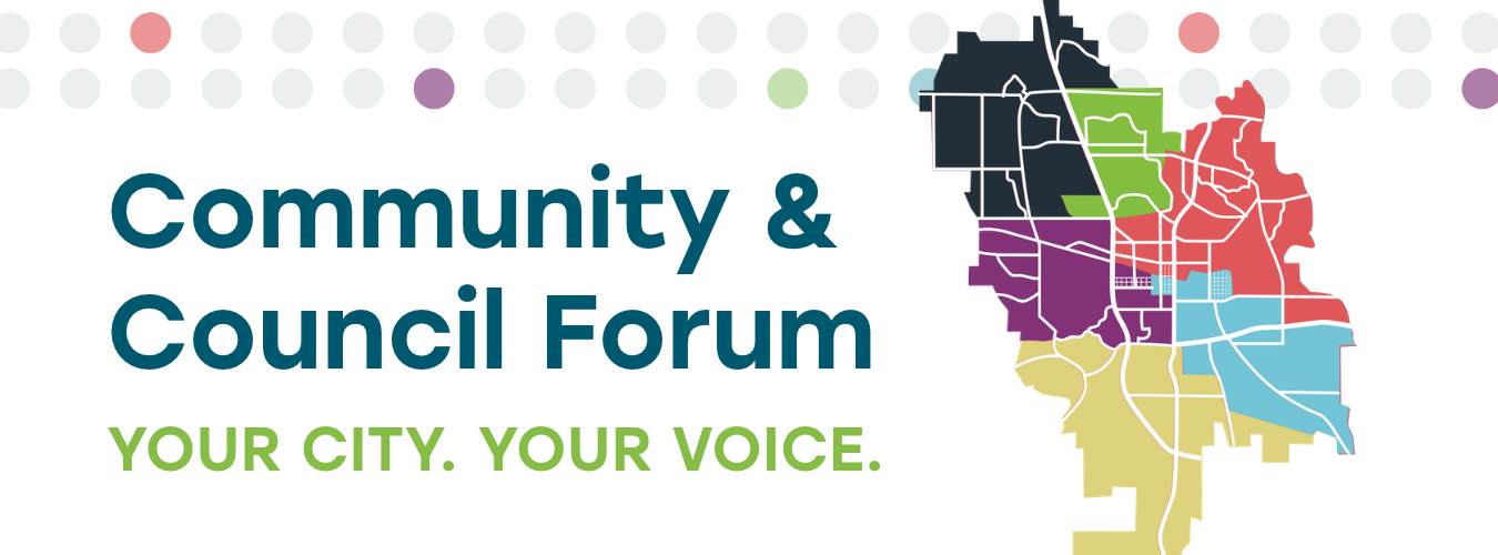 Community & Council Forum graphic featuring a colorful map of Rochester and the tagline “Your City. Your Voice.”