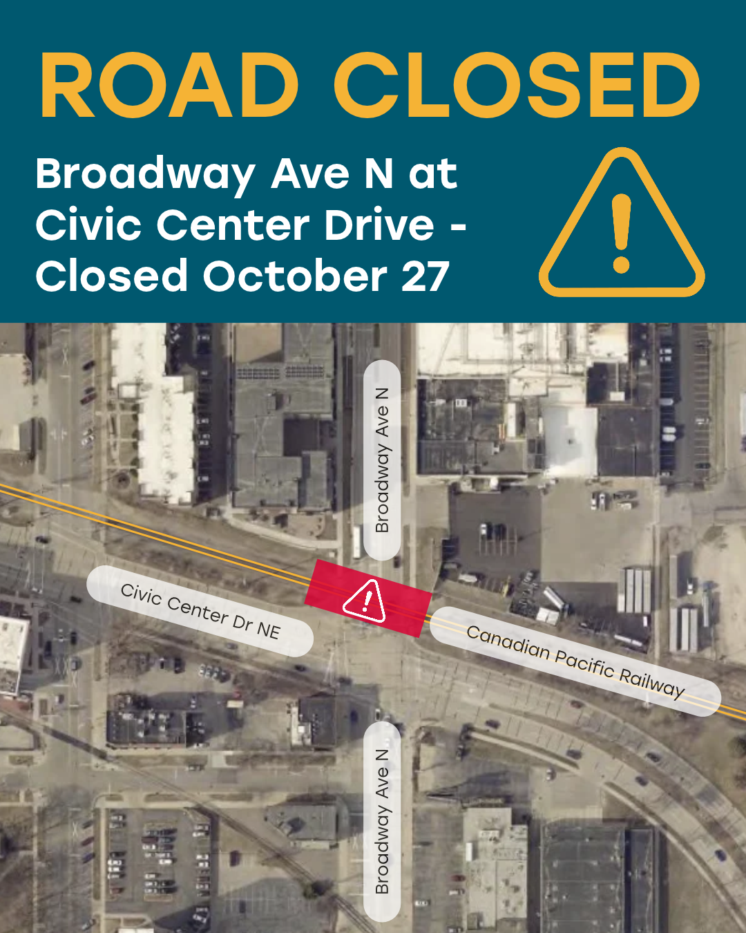 Map of North Broadway Avenue closed at the intersection of Civic Center Drive