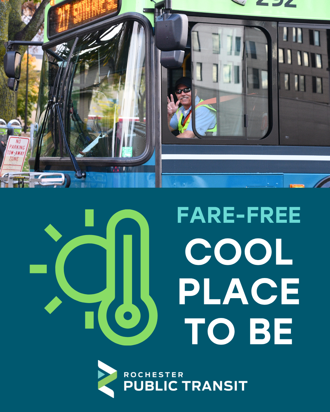 Rochester Public Transit bus with text sharing "Cool Place to Be"