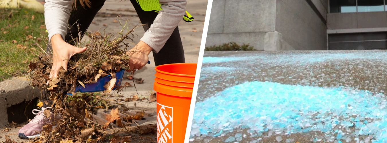 A collage shows leaves and yard waste being collected near a curb and a small amount of blue deicer spread on pavement.