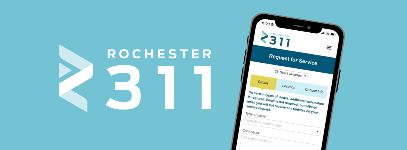 311 graphic with a smartphone displaying the online Request for Service form.