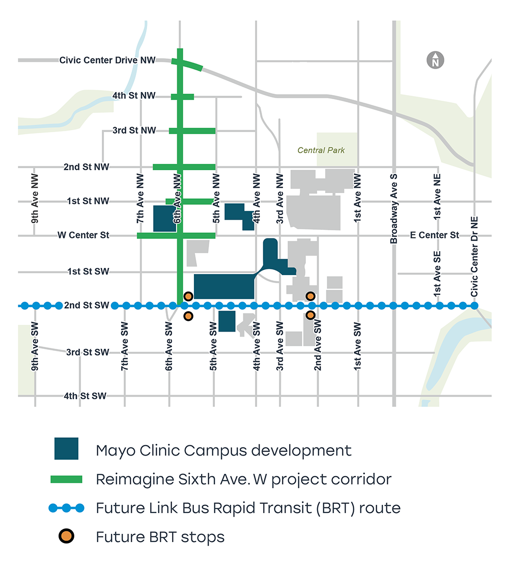 Map of the extent of the project on 6th Avenue West from Civic Center Drive to 2nd Street SW.