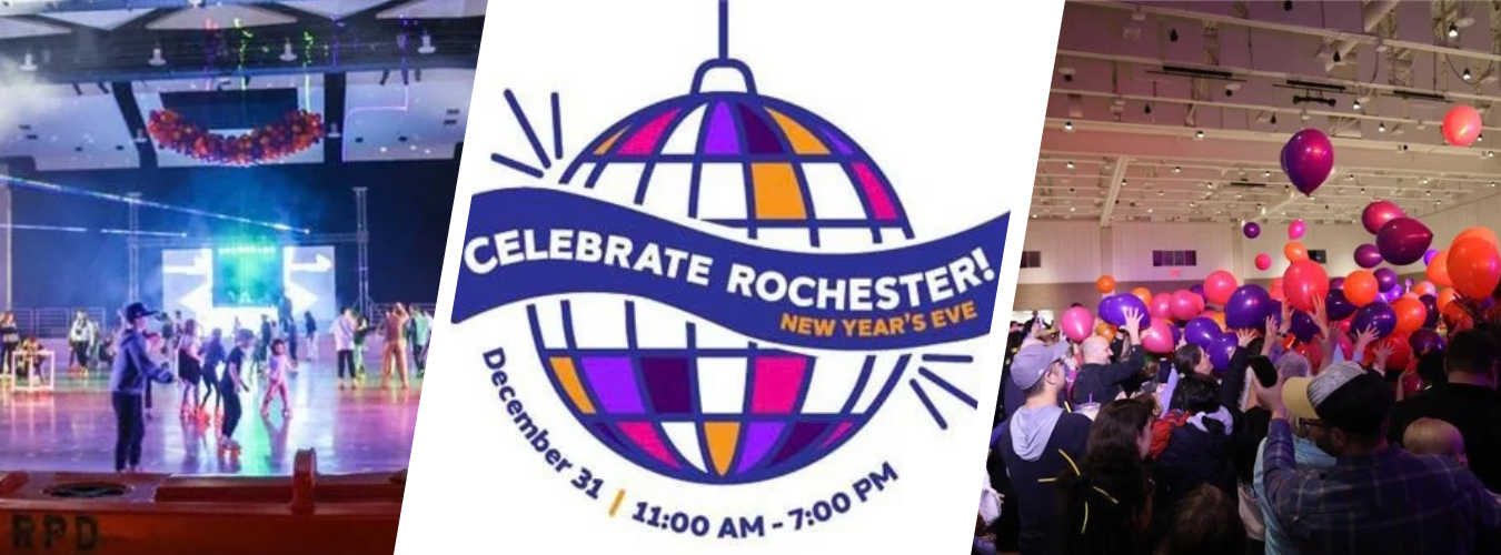 A collage shows people celebrating at Celebrate Rochester! New Year’s Eve, the event logo and a crowd participating in a colorful balloon drop.