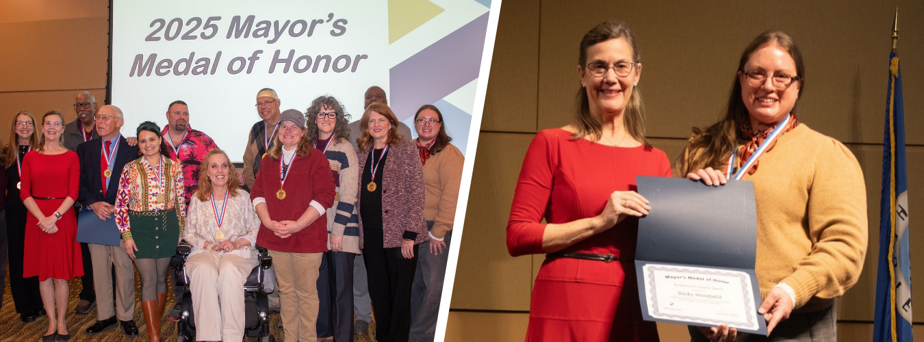 A collage shows 2025 Mayor’s Medal of Honor recipients and a recipient holding her award alongside Mayor Kim Norton.