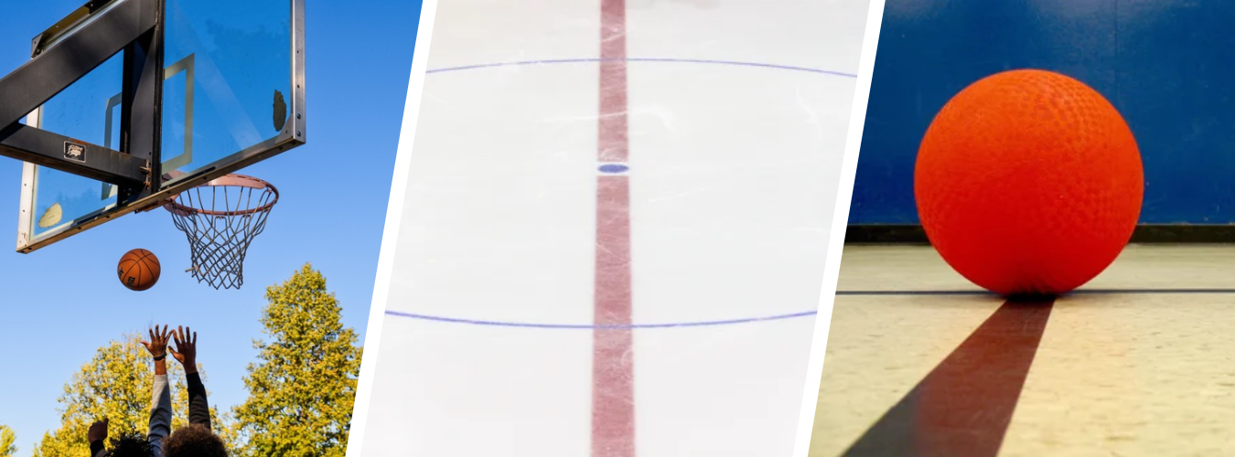A collage representing winter adult sports leagues with a basketball hoop, an ice rink and a red dodgeball.