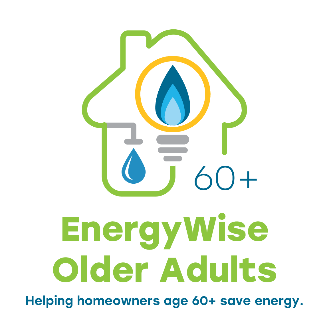 EnergyWise Older Adults program logo featuring a house with energy and water symbols and the tagline, ‘Helping homeowners age 60+ save energy.