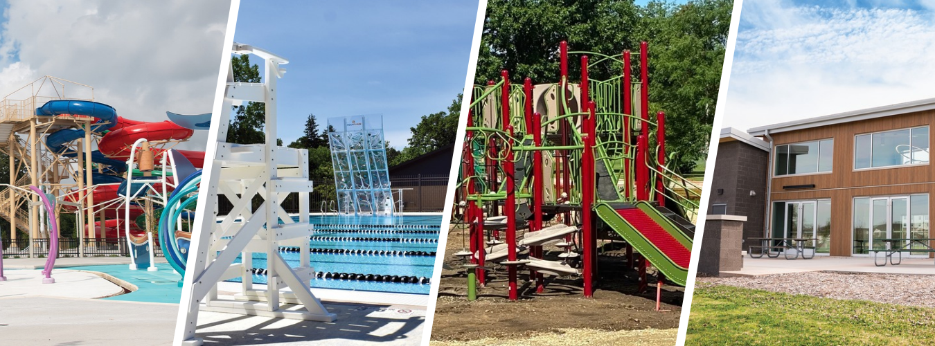 A collage highlights Rochester park improvements, including a splash pad and water slides, an outdoor pool, a playground and a park building.