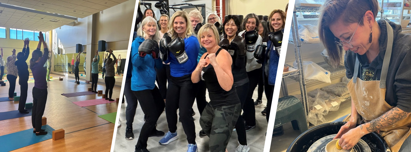 A collage shows adults participating in a fitness class, a group boxing class and a pottery activity at 125 LIVE.