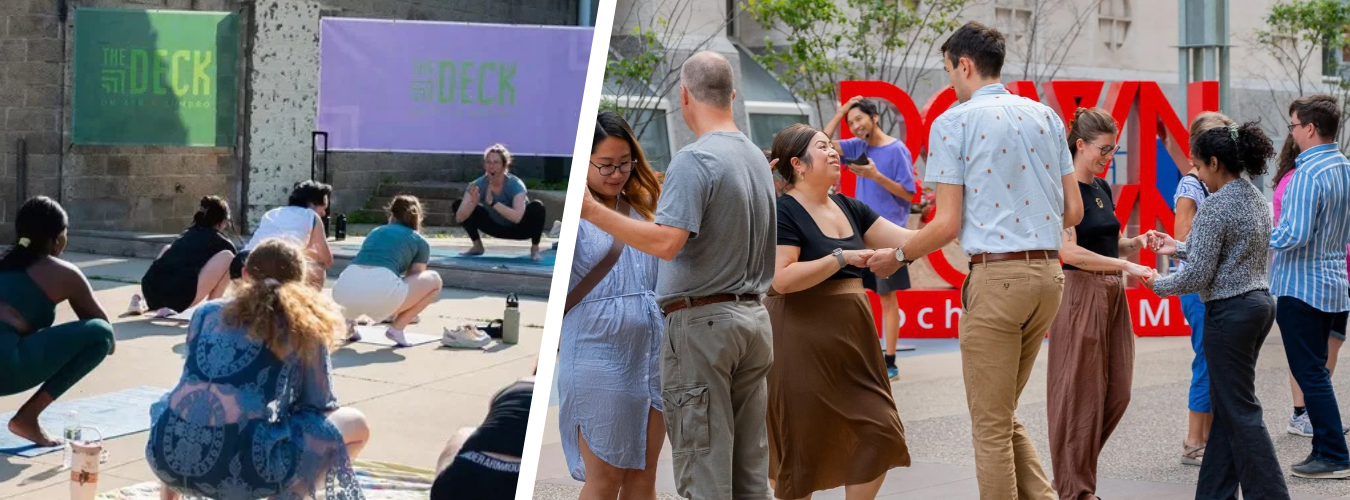 A collage shows people participating in outdoor yoga and dancing at downtown Rochester events.