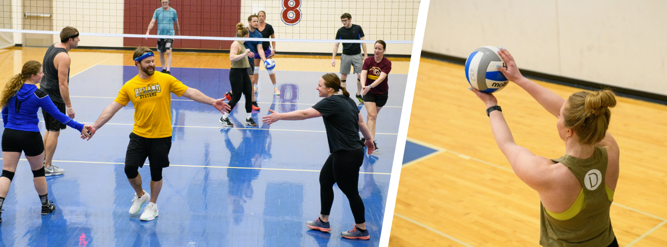 A collage shows adults playing indoor volleyball and a player preparing to serve the ball.