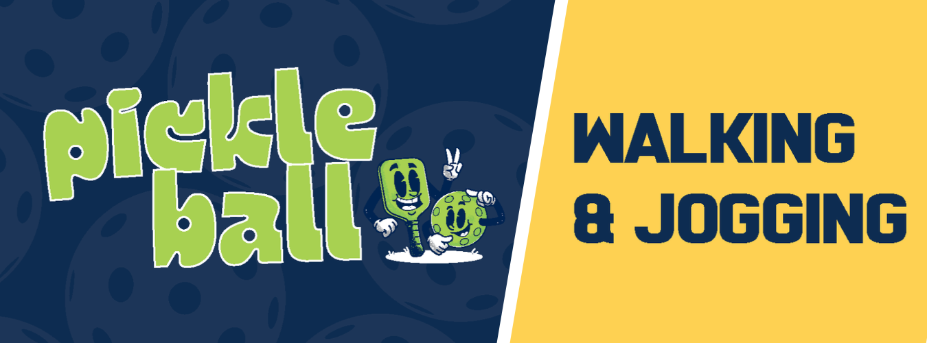 Graphic promoting pickleball and indoor walking and jogging at RCTC.