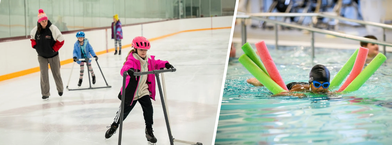 Children ice skate with skating aids at an indoor rink while a swimmer uses colorful pool noodles in an indoor pool.