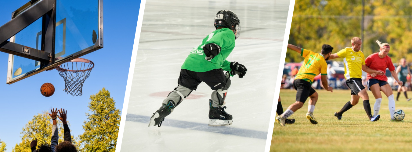 A collage shows people playing basketball, hockey and soccer.