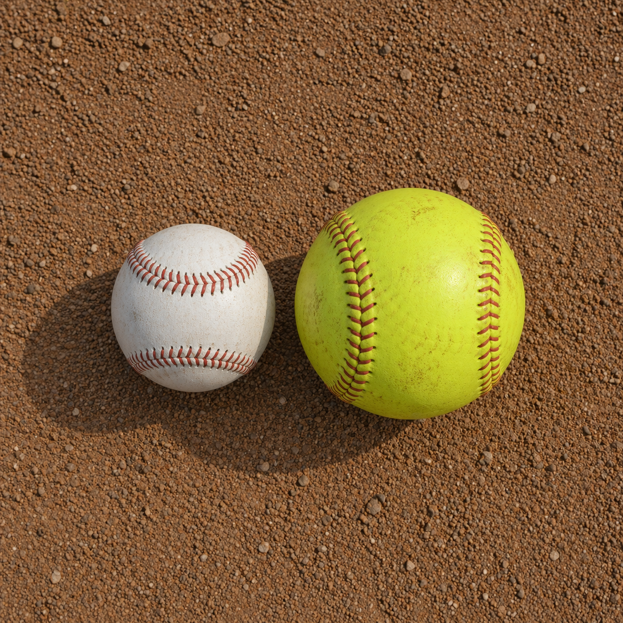 An image of a baseball and softball on dirt.